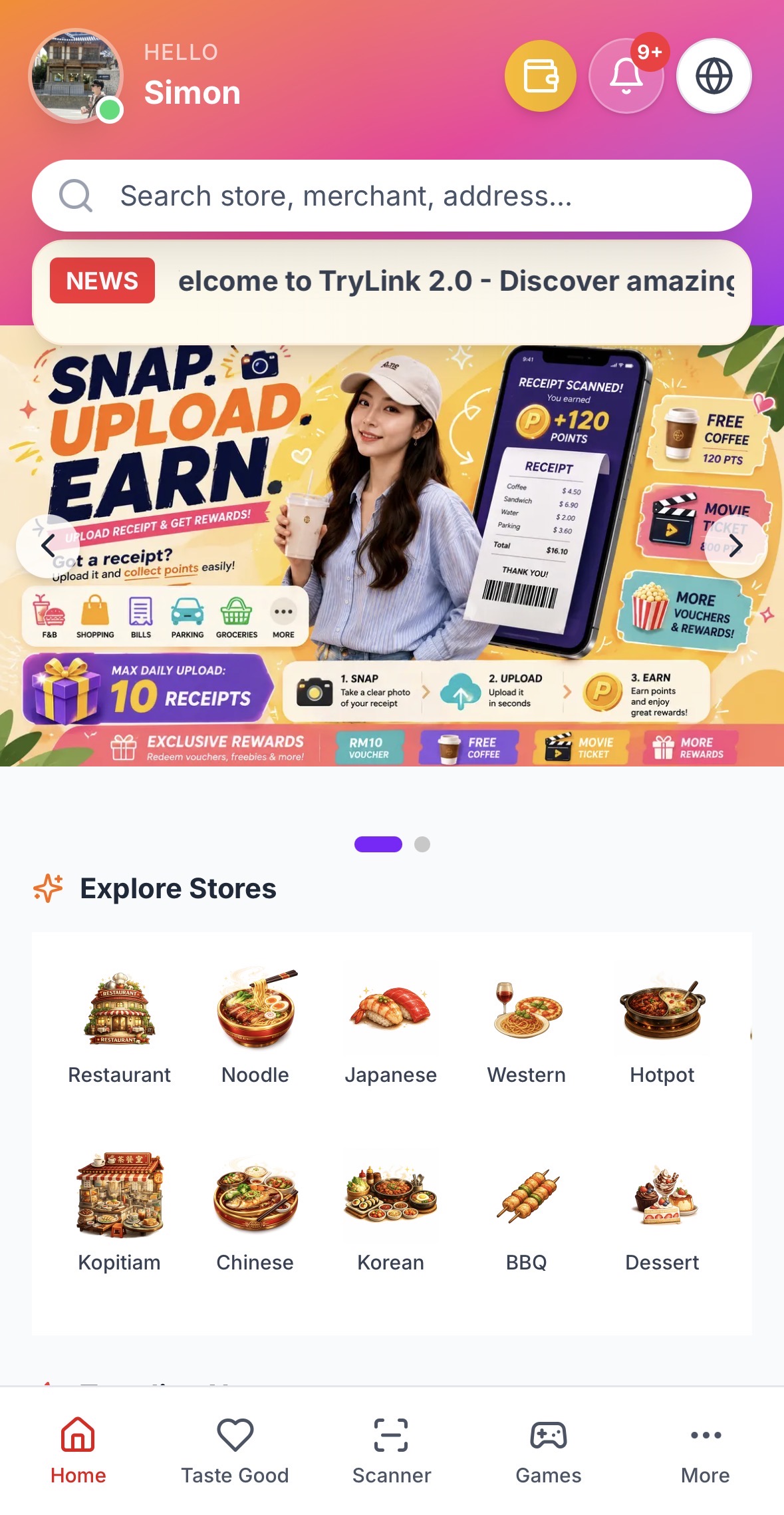 TRYLINK app home screen